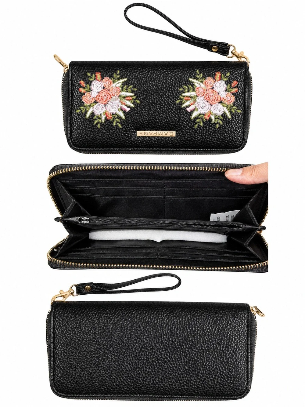 Black Floral Embroidered Zip-Around Wristlet Wallet